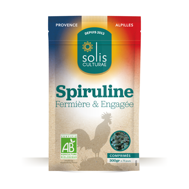 Spiruline française AB en comprimés format 300g, sachet refermable — produite par Solis Culturae