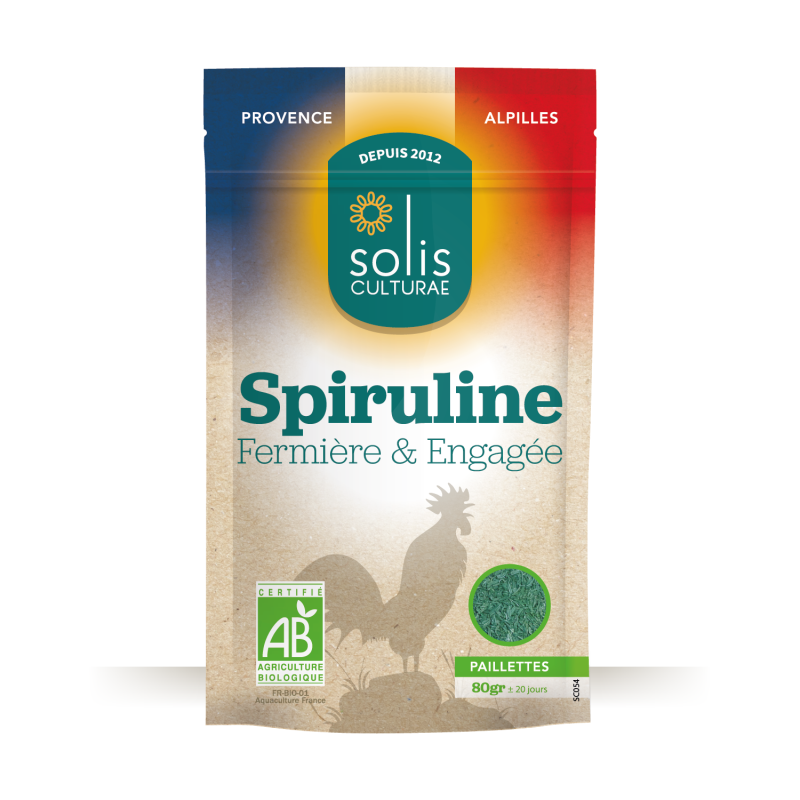 Spiruline française AB en paillettes — sachet de 80g, produite par Solis Culturae