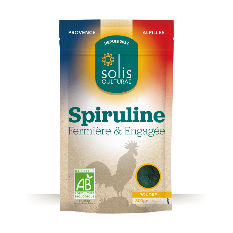 Spiruline française AB en poudre format 300g, sachet refermable — produite par Solis Culturae