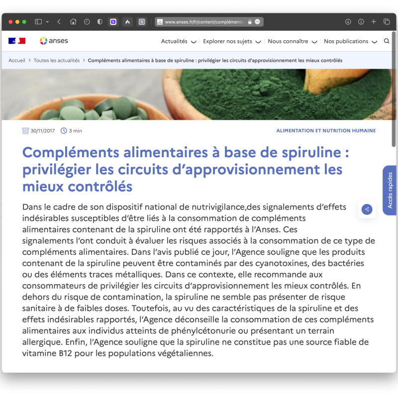 Que dit l'ANSES à propos de la spiruline ? Que dit l'ANSES à propos de la spiruline ?